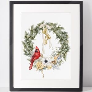 Wall Art Watercolor Cardinal Christmas Wreath Illustration Print Card Unframed